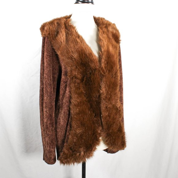 Vintage 1990s Brown Knit Cardigan with Faux Fur Collar – Plus Size 1X - Picture 3 of 9